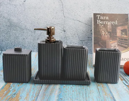 Vista 6 de Hymmah Juego de accesorios de baño negro, juego de baño de diseño único, juego de regalo de resina de 5 piezas, necesidades de apartamento, contiene