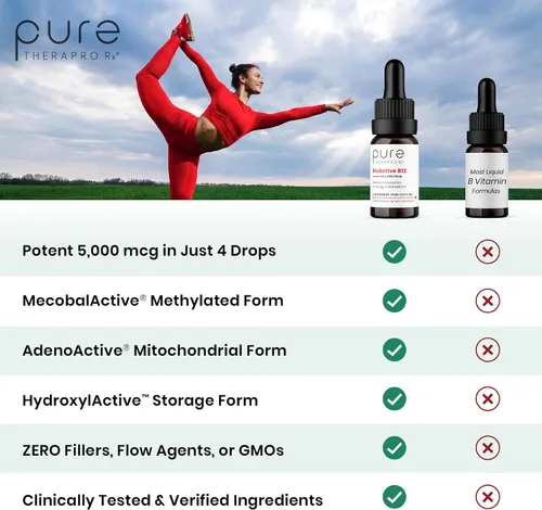 Vista 3 de Pure TheraPro BioActive Vegan Metilada Vitamina B12 Sublingual Líquida Metilcobalamina, Hidrocobalamina y Adenosilcobalamina 1,000 mcg por gota