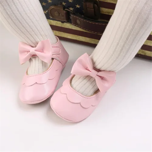 Vista 3 de myppgg Zapatos planos Mary Jane para bebé niña, con lazo brillante, vestido de princesa, zapatos de cuna antideslizantes para niños pequeños que