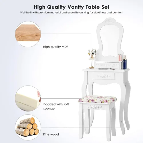 Vista 5 de LDAILY Juego de mesa de tocador con taburete acolchado, mesa de maquillaje con espejo y 3 cajones de almacenamiento, escritorio de escritura