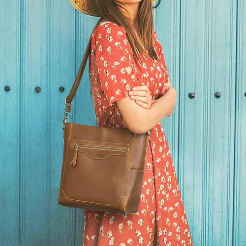 Vista 2 de S-ZONE Bolso bandolera vintage de piel auténtica para mujer, con bolsillo exterior