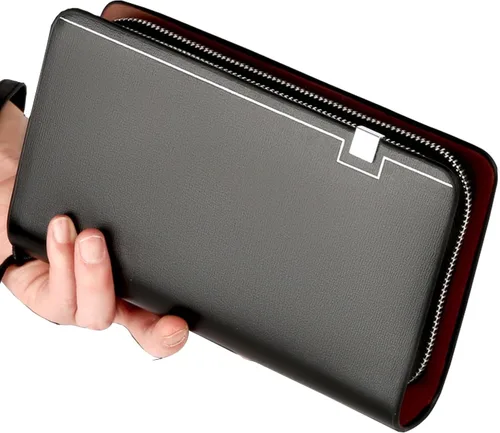 Vista 2 de Bolso de mano para hombre, bolso de mano de cuero genuino, con cremallera, cartera larga, para negocios, grande, soporte para teléfono