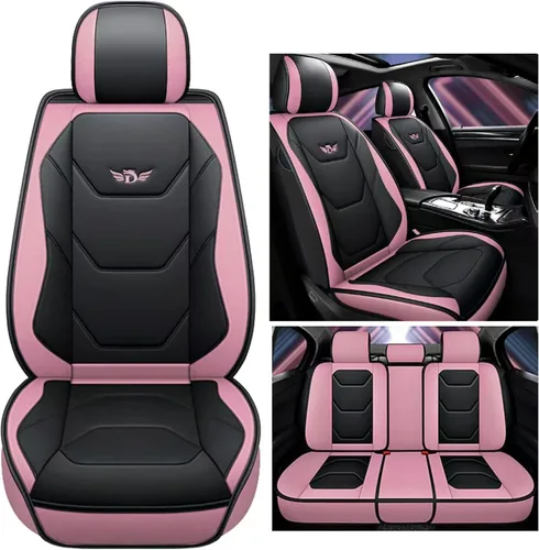 Vista 3 de Juego completo de fundas de asiento de coche de piel sintética de lujo para 5 asientos, ajuste universal (BK-rosa)