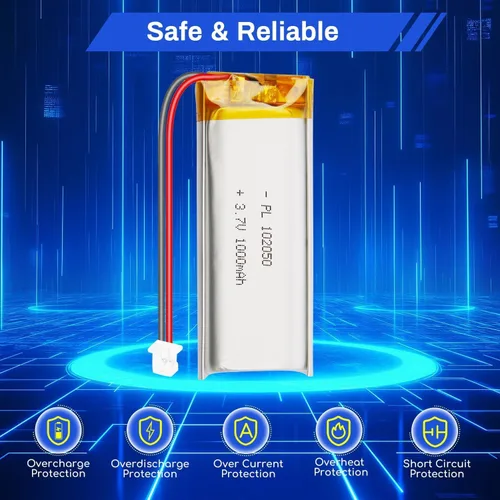 Vista 2 de Batería de polímero de litio 3.7V 1000mAh 102050 Lipo Batería recargable con cable Molex 0.049 in Conector para altavoz, rastreador GPS, dispositivo