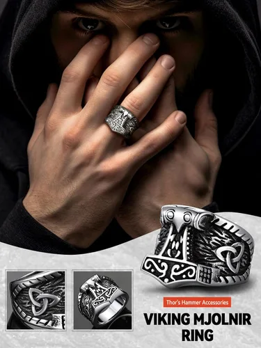 Vista 2 de FaithHeart Norse Viking Jewelry - Anillo de acero inoxidable de guerrero para hombre con diseño vikingo de cabeza de lobomartillo de Thor