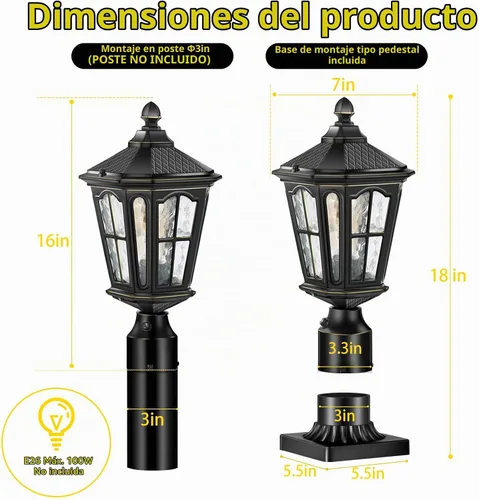 Vista 6 de Luces de poste del atardecer al amanecer cableadas de 120 V con base de montaje en muelle, lámpara de poste antioxidante para exteriores con vidrio