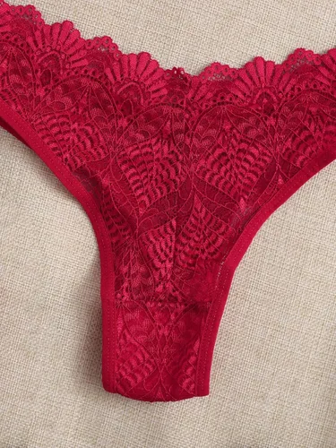 Vista 3 de MakeMeChic Conjunto de 4 tangas de encaje para mujer, de talle medio, con ribete festoneado