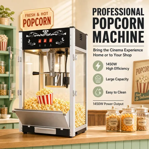 Vista 6 de Máquina comercial de palomitas de maíz con hervidor de 20 onzas, máquina de palomitas de maíz para encimera estilo teatro, acero inoxidable, control