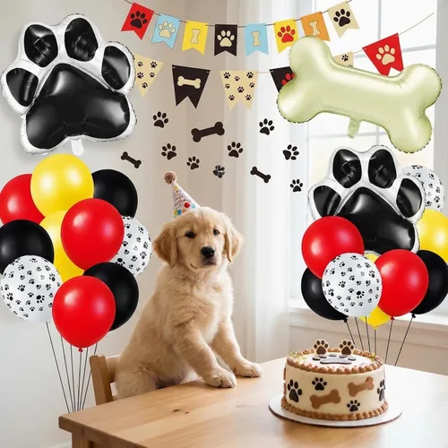 Vista 5 de Decoraciones de cumpleaños para perros, kit de 46 globos con estampado de patas y globos de papel de aluminio, decoraciones de fiesta temática