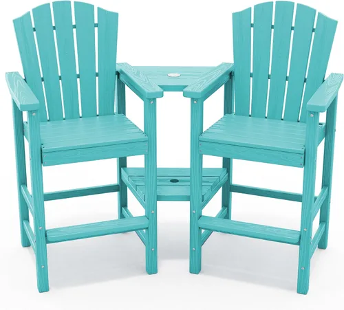 Vista 9 de KINGYES Aruba - Juego de 4 sillas Adirondack altas de HDPE con bandejas de conexión dobles, silla Adirondack de altura de barra en relieve para 2