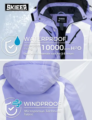 Vista 4 de Skieer Chaqueta de esquí impermeable para mujer, abrigo cálido de invierno con capucha para snowboard
