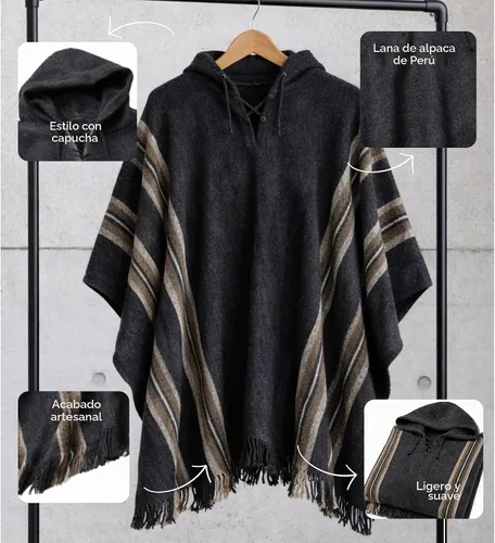 Vista 5 de Gamboa Alpaca Poncho for Men with Hood Negro