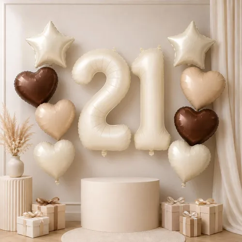 Vista 51 de Decoración de Globos Número 10 de 40 Pulgadas, Globos de Corazón Neutro de Papel de Aluminio Crema Retro Albaricoque Marrón con Globo de Helio