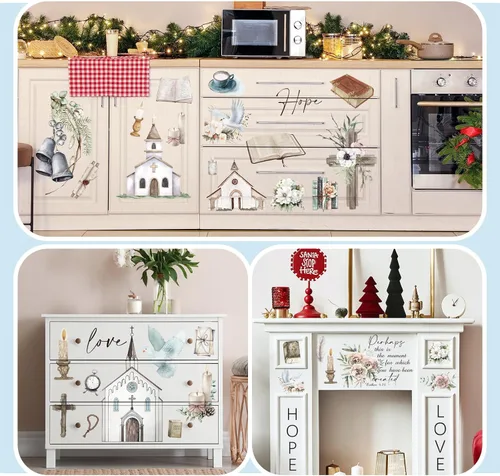 Vista 6 de Lincia - 10 hojas de calcomanías navideñas para manualidades y muebles, calcomanías de transferencia por fricción, muñeco de nieve, gnomo, reno