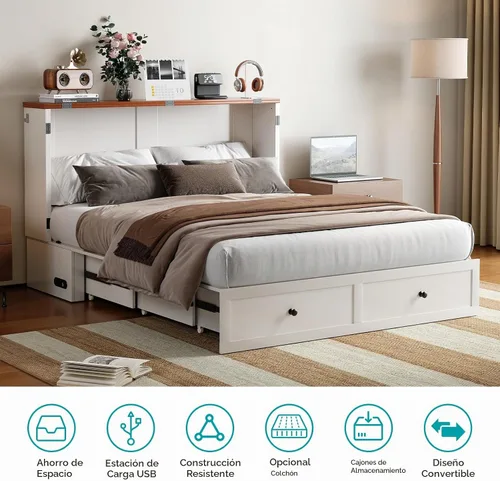 Vista 7 de BALUS Cama Murphy de tamaño matrimonial con colchón incluido, cama Murphy de 57 pulgadas de ancho con estación de carga USB y 2 cajones