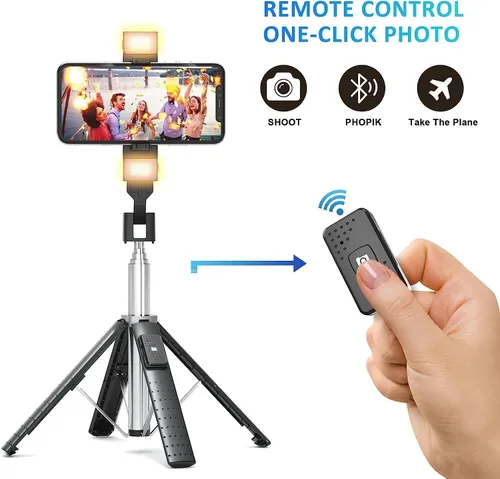 Vista 3 de Trípode Cuadrápode para Palo de Selfie de 41" con 2 Luces de Relleno Recargables, Trípode Extensible con Control Remoto Bluetooth, Acero Inoxidable