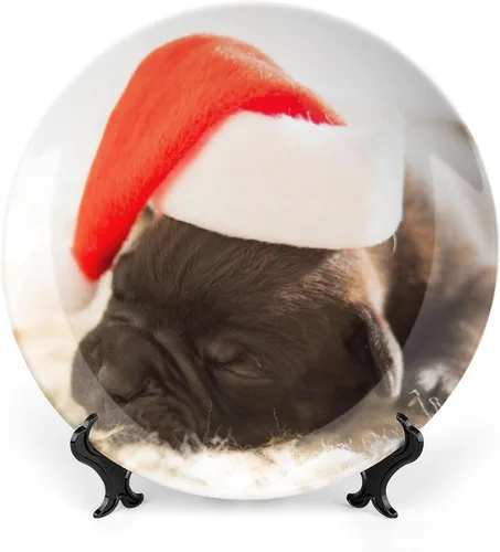 Vista 9 de Platos decorativos de Navidad para exhibición, Bulldog con sombrero de Papá Noel, divertidos platos de pared de cerámica de animales, platos