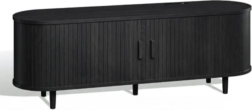 Vista 8 de Soporte de TV moderno de mediados de siglo de 58 pulgadas, consolas de TV de madera con puertas correderas y toma de corriente, centro