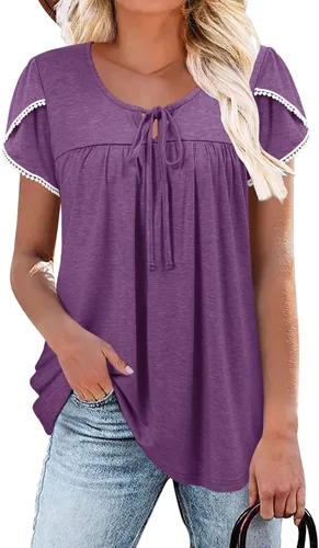 Vista 45 de BETTE BOUTIK Blusas de verano para mujer, plisadas, de manga corta, con cordón, cuello redondo, tallas S-3XL