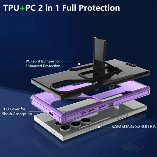 Vista 3 de Asuwish Funda para teléfono Samsung Galaxy S23 Ultra 5G con protector de pantalla de vidrio templado y soporte, accesorios móviles híbridos Violeta
