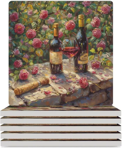 Vista 27 de 4 posavasos de vino tinto, cuadrados y modernos posavasos absorbentes de cerámica, estilo de pintura al óleo, vintage, vino tinto, uvas, rosa