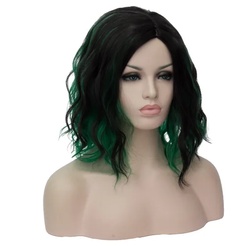 Vista 2 de BERON Pelucas negras y verdes para mujer, peluca ondulada corta y rizada para niñas, color mixto, longitud al hombro, parte lateral, Halloween