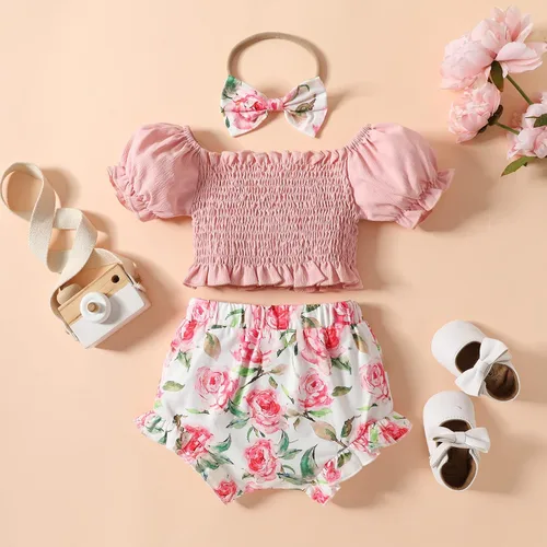 Vista 6 de Traje de verano para niñas pequeñas, con un hombro descubierto, estampado floral, pantalones cortos con diadema, lindos juegos de ropa para niños