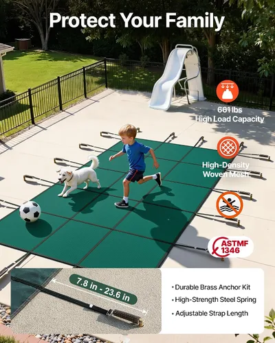 Vista 5 de VEVOR - Funda de seguridad para piscina de 12 x 24 pies, cubierta rectangular de seguridad para piscina subterránea de malla verde, cubierta