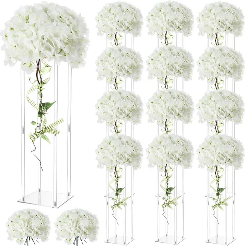 Vista 9 de Geetery Jarrón de acrílico alto para centros de mesa de boda, soporte elegante transparente con flores de hortensias artificiales para bodas