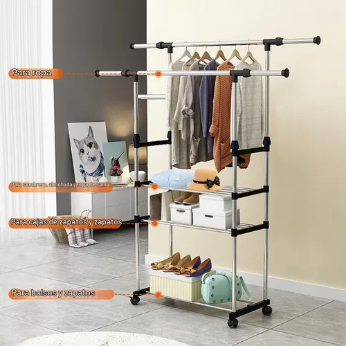 Vista 4 de Perchero de doble barra para colgar ropa, estante portátil para armario de carga máxima de 77 libras, perchero de metal resistente para dormitorio