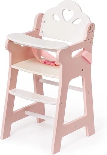 Vista 2 de ROBUD Silla alta de muñeca de bebé, silla alta de juego de simulación con cinturón de seguridad, accesorios de muñeca de madera rosa con mesa móvil