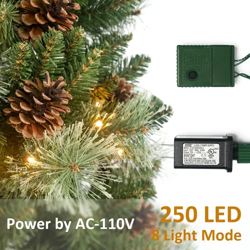 Vista 4 de Árbol de Navidad artificial preiluminado de 6.5 pies, árbol de Navidad artificial de pino con 250 luces LED, agujas de pino y conos de pino