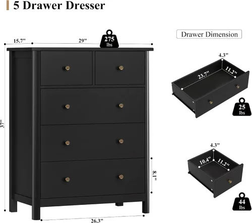 Vista 3 de HOUSUIT - Cómoda negra con 5 cajones, cómoda, cómoda de 5 cajones, cómoda de madera moderna de 29 pulgadas de ancho con prácticos cajones de 2 Negro