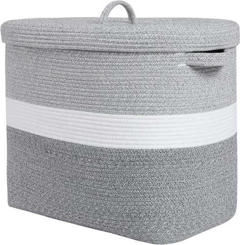 Vista 12 de Canasta de almacenamiento rectangular extragrande de 22"x14"x18" con tapa, gran canasta de cuerda de algodón, canasta de lavandería tejida