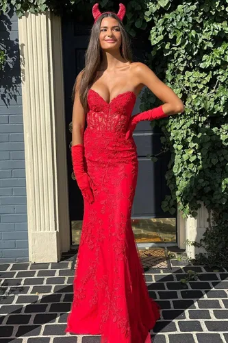 Vista 6 de Elegante vestido de fiesta de encaje largo sin tirantes, vestido de noche formal para mujer, vestido de fiesta RO119