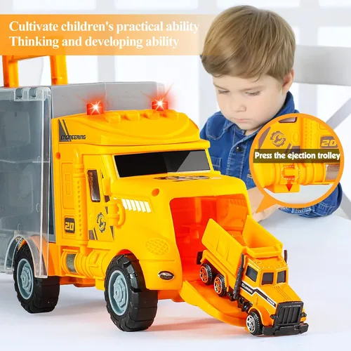 Vista 4 de Juego de juguetes de construcción amarillos 18 en 1 con alfombra de juego, camión transportador de automóvil de juguete para niños de 3 años, camión