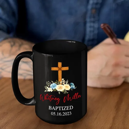 Vista 6 de Personalized Baptism Coffee Mug Gift With Baby Name & Date Baptized, Customized Baby Baptism Christening Black Ceramic Mug Gift For Dad Mom