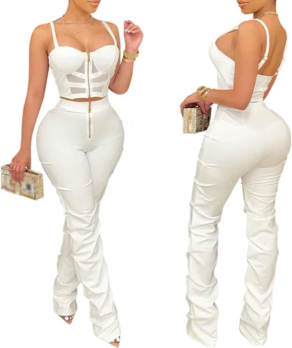 Vista 3 de Zoctuo - Overol sexy para mujer sin mangas con cuello halter para fiesta club conjunto de 2 piezas tiro alto pantalones huecos