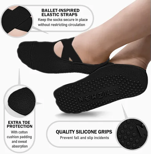 Vista 3 de NEWZILL Calcetines de yoga antideslizantes 2022 para mujer, calcetines de agarre con cojín para pilates, barre, ballet, danza, hospital, (3 pares)