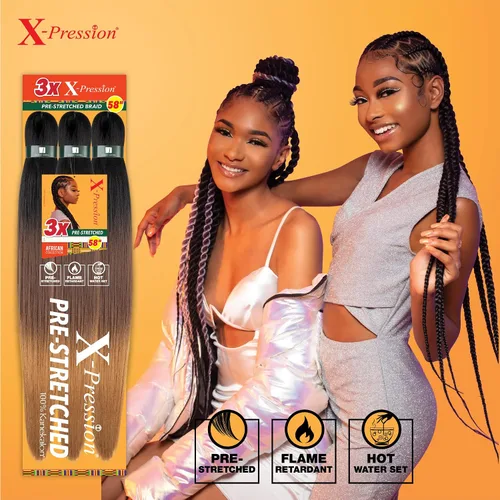 Vista 4 de Sensationnel X-Pression - Trenzas sintéticas prestiradas, 3 unidades, 58 pulgadas, negro azabache 1 Cabello trenzado, Kanekalon, ignífugo