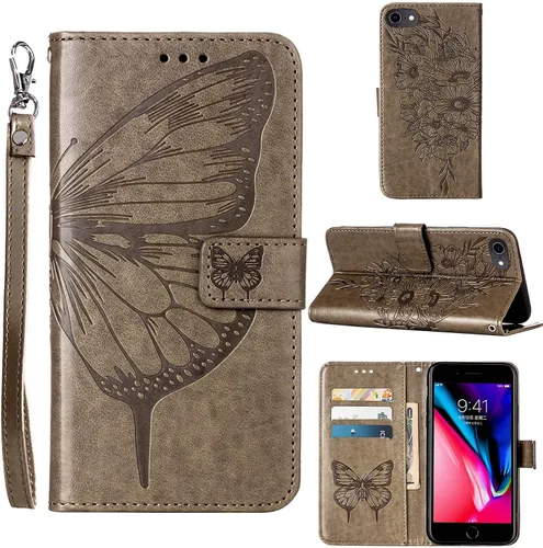 Vista 10 de Funda tipo cartera para iPhone 6/6S/7/8/SE 2022/SE 2020 (negro) Butterfly Floral Embossed Pattern, Wrist Strap, PU Leather, Card Holder Slots