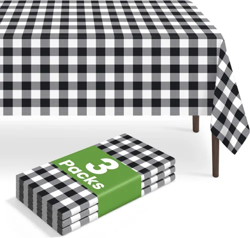 Vista 146 de Paquete de 2 manteles rectangulares desechables color negro, manteles de plástico negro para fiestas, 54 x 108 pulgadas, mantel de campamento