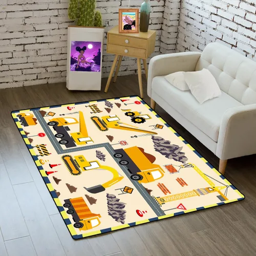 Vista 25 de Alfombra de construcción – Alfombras de construcción para habitación de niños, divertido diseño de camión de dibujos animados, alfombra de coche