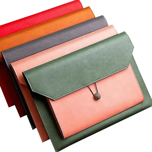 Vista 7 de Carpeta de archivos A4 de cuero de la PU Portafolio de la carpeta del sobre con 2 compartimentos marrón y naranja partido