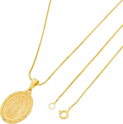 Vista 4 de Tudo Jóias Unissex - Colgante de medalla milagrosa de Santa Virgen de Guadalupe chapado en oro de 18 quilates con collar de caja de 23.6 pulgadas