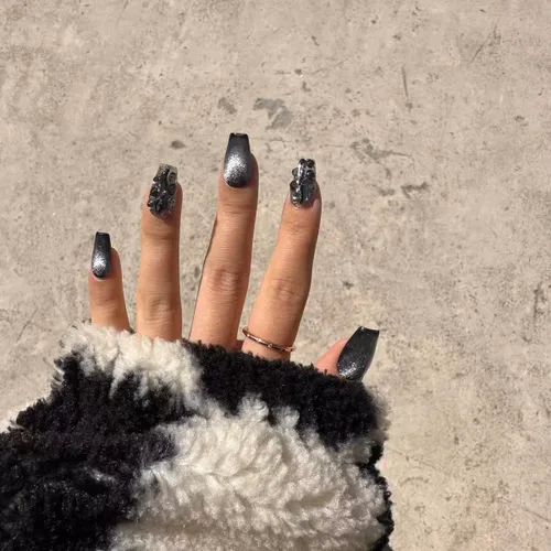 Vista 4 de Uñas postizas a presión hechas a mano, pintadas a mano, uñas postizas largas, uñas postizas negras, cuadradas, uñas para mujeres, uñas postizas