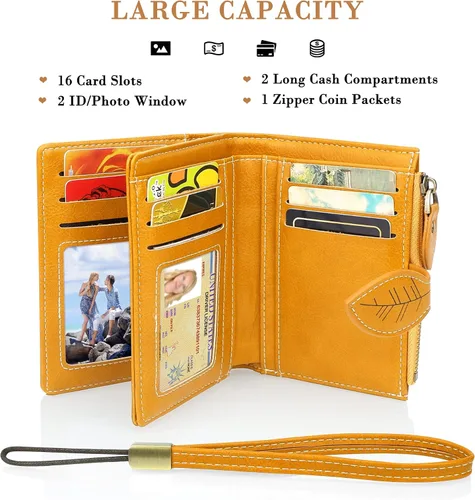 Vista 7 de CONISY Cartera pequeña para mujer, cartera compacta de cuero plegable con correa de muñeca con bloqueo RFID para mujer, Amarillo, Casual, clásico