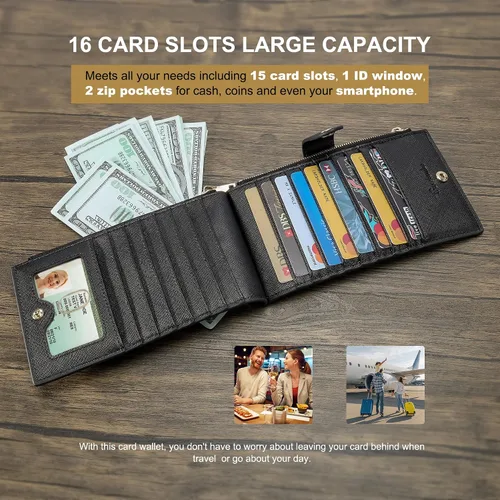 Vista 5 de Travelambo Billetera para mujer con bloqueo RFID plegable para múltiples tarjetas con bolsillo con cremallera, Negro -, Minimalista