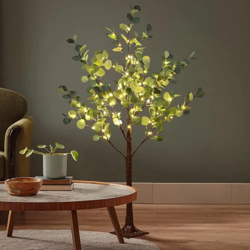 Vista 2 de LIGHTSHARE Árbol de eucalipto iluminado de 4 pies, 126 L, color blanco cálido, vegetación artificial con luces para boda, vacaciones, hogar, fiesta