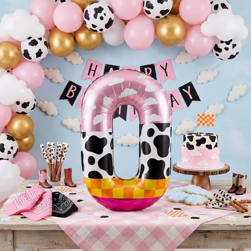 Vista 3 de Globo número 0 de 40 pulgadas con nubes rosadas, diseño de tatuajes, globos de papel de aluminio de números grandes para fiesta temática de granja